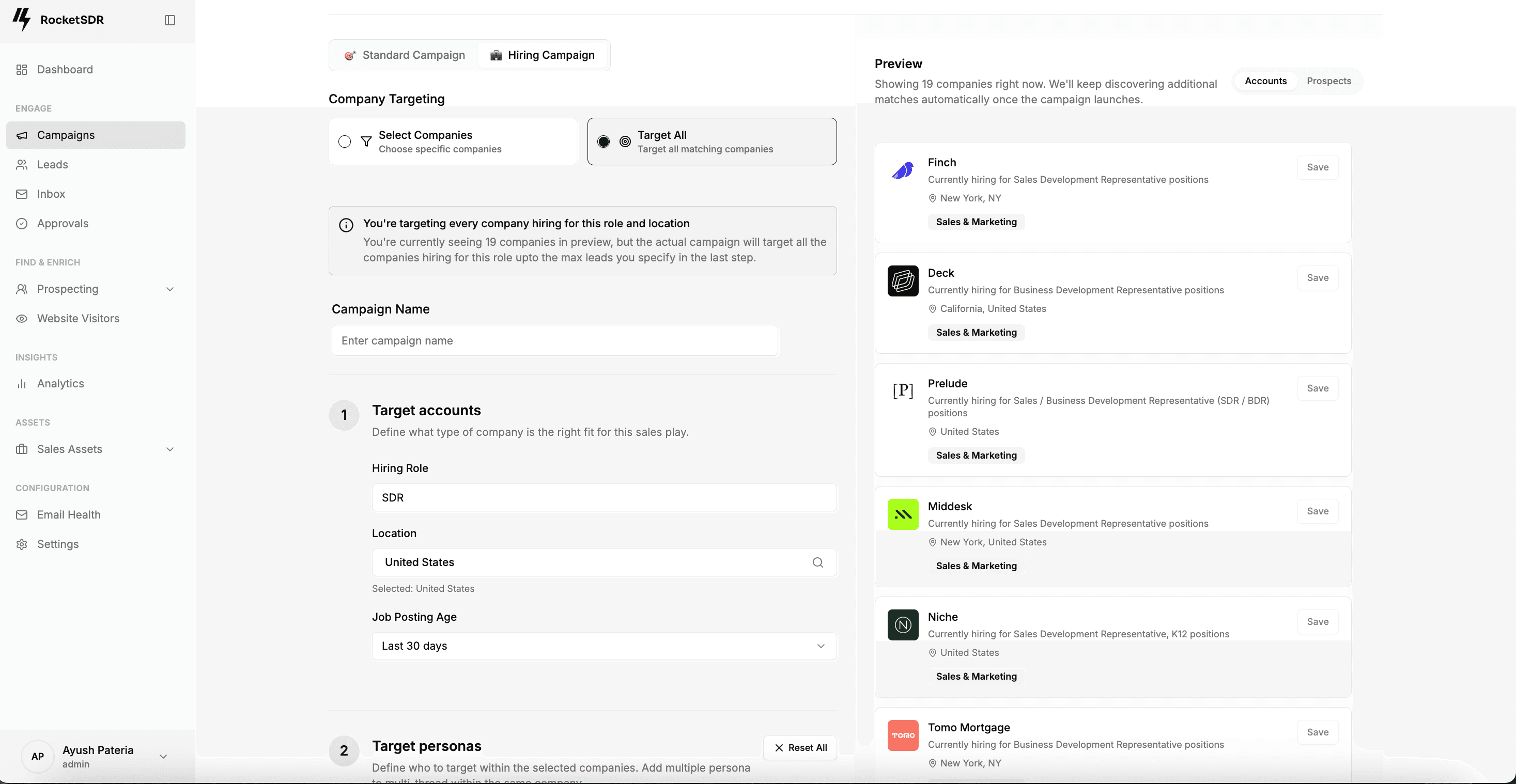 RocketSDR signal campaign preview with real-time account targeting